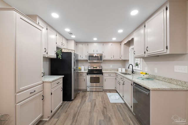 kitchen with sink, stainless steel appliances, light hardwood / wood-style flooring, and white cabinetry