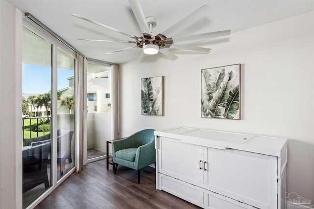 living area with ceiling fan and dark hardwood / wood-style floors