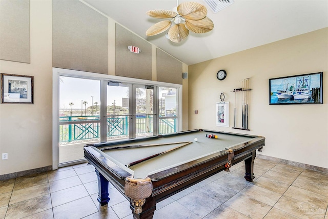 playroom with ceiling fan, light tile patterned floors, pool table, and high vaulted ceiling