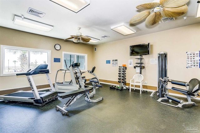 gym featuring ceiling fan