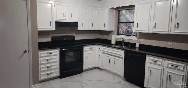 kitchen featuring black appliances, white cabinets, ventilation hood, and sink