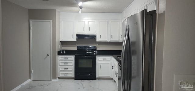 kitchen featuring black electric range, stainless steel fridge, a textured ceiling, and white cabinets