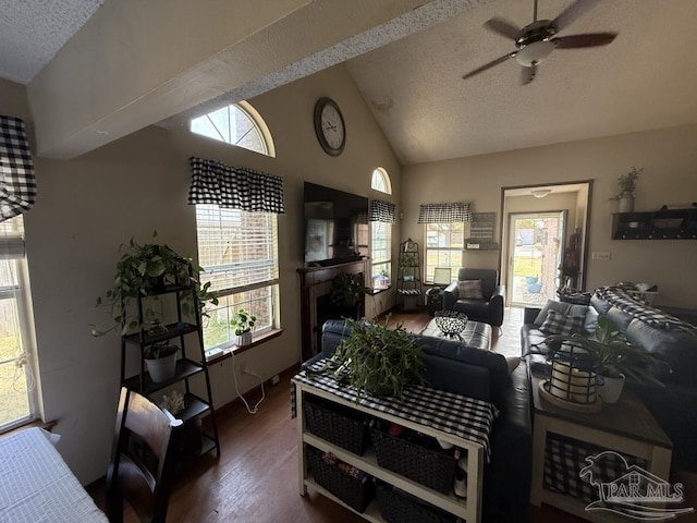 1515 Mariners Cir, Gulf Breeze, FL 32563 - living area with a textured ceiling, wood finished floors, healthy amount of natural light, a ceiling fan, and high vaulted ceiling