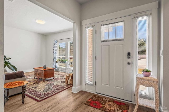 entrance foyer with baseboards and wood finished floors