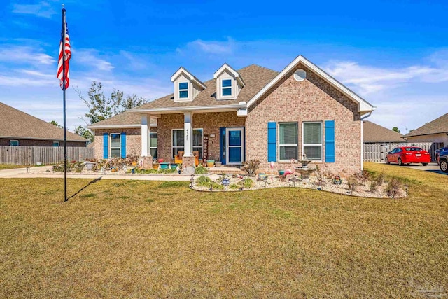 view of front of home with brick siding, a front lawn, and fence