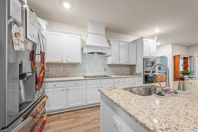 kitchen with stainless steel appliances, decorative backsplash, a sink, light wood-type flooring, and premium range hood