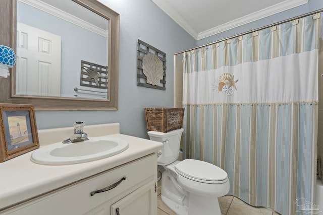 bathroom with ornamental molding, vanity, toilet, and curtained shower