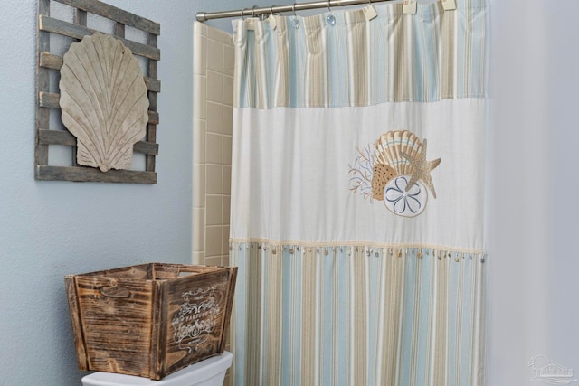 bathroom with toilet and a shower with shower curtain