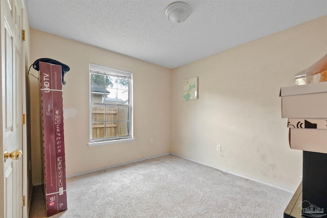 spare room featuring light colored carpet and a textured ceiling