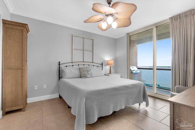 bedroom with light tile patterned flooring, access to exterior, ceiling fan, crown molding, and a water view