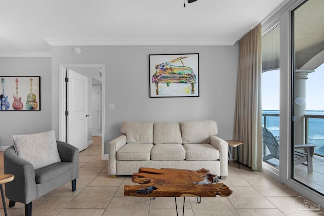 tiled living room featuring ornamental molding