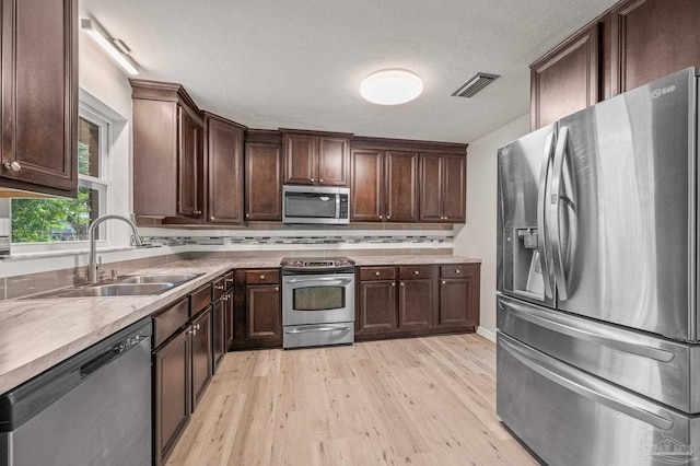 kitchen with dark brown cabinetry, visible vents, appliances with stainless steel finishes, light wood-type flooring, and a sink