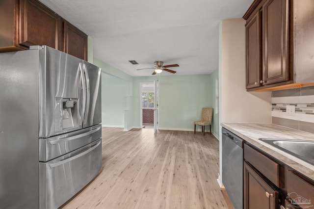 kitchen featuring a ceiling fan, visible vents, light countertops, light wood finished floors, and stainless steel appliances