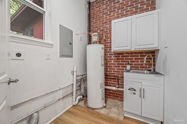 utilities with a sink, electric panel, and electric water heater