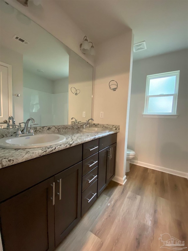 bathroom with toilet, vanity, and hardwood / wood-style floors