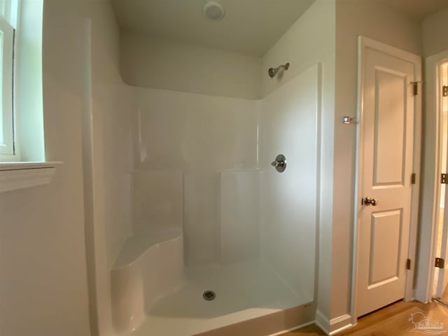 bathroom featuring hardwood / wood-style floors and walk in shower