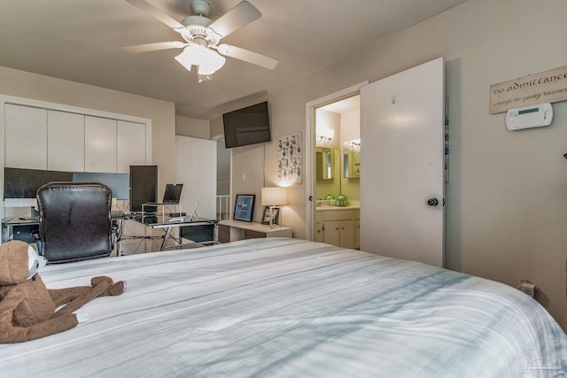 bedroom featuring ceiling fan, ensuite bath, and a closet