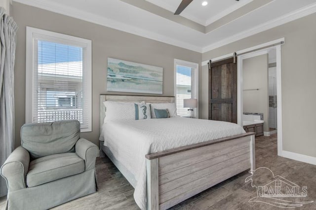 bedroom with crown molding, multiple windows, ceiling fan, and hardwood / wood-style floors