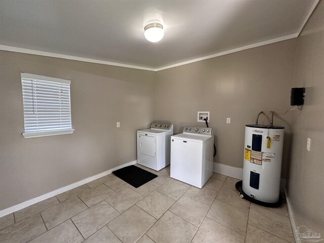 laundry area with water heater, light tile patterned flooring, washer and clothes dryer, and crown molding