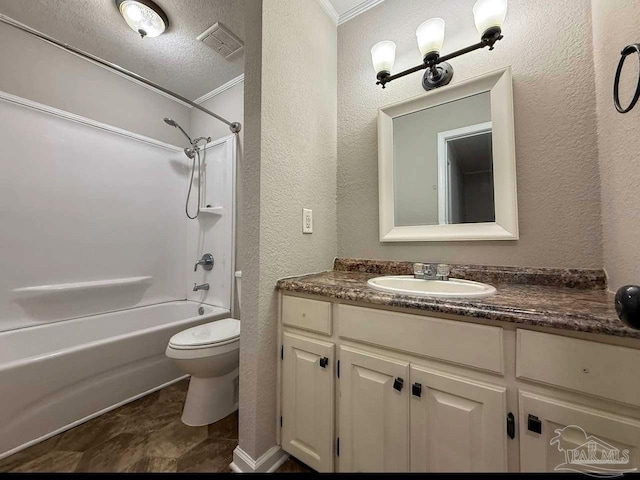 full bathroom with a textured wall, vanity, toilet,  shower combination, and visible vents