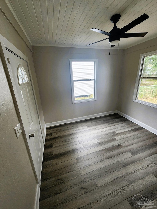 entryway with hardwood / wood-style flooring, ceiling fan, wood ceiling, and ornamental molding