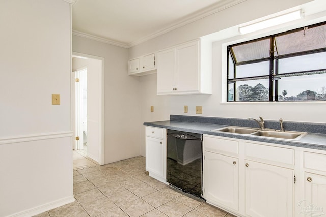 kitchen featuring ornamental molding, sink, light tile patterned floors, dishwasher, and white cabinetry