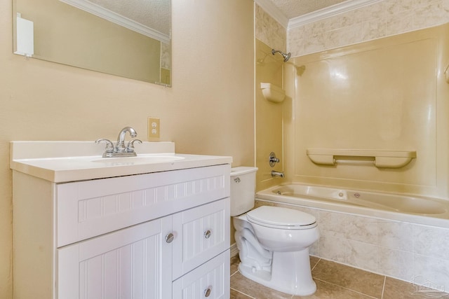 full bathroom with tiled shower / bath combo, a textured ceiling, toilet, vanity, and ornamental molding