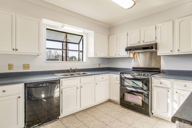 kitchen featuring sink, light tile patterned floors, crown molding, white cabinets, and black appliances