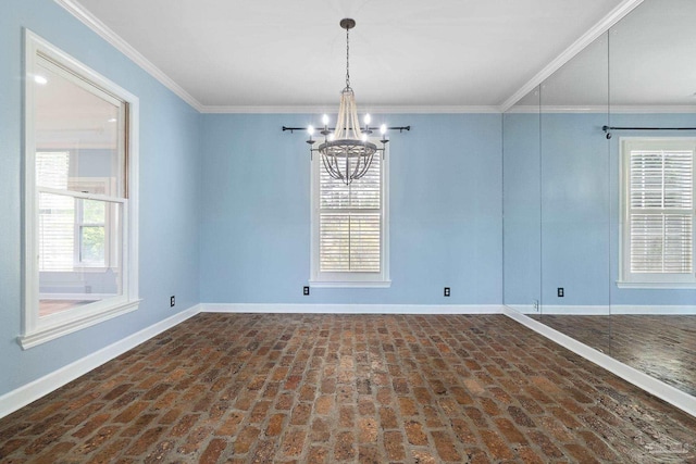 unfurnished dining area featuring brick floor, a chandelier, and baseboards