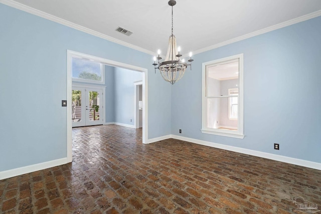 unfurnished room with baseboards, visible vents, brick floor, and an inviting chandelier