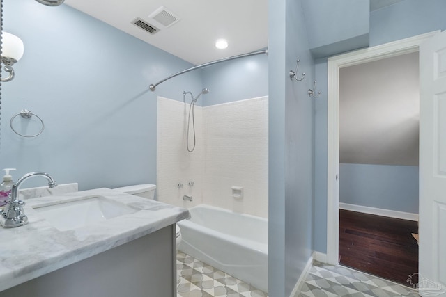 full bathroom with visible vents, baseboards, recessed lighting, shower / bath combination, and vanity