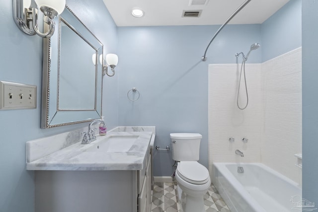 bathroom featuring visible vents, tub / shower combination, toilet, tile patterned floors, and vanity