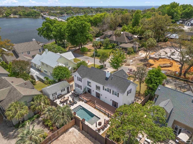 aerial view with a residential view and a water view