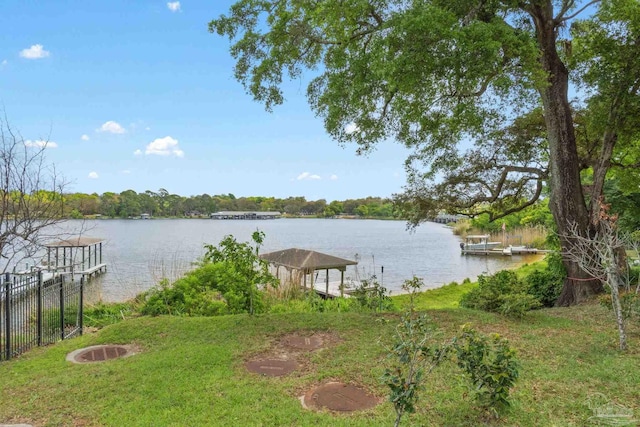 dock area featuring a water view and fence