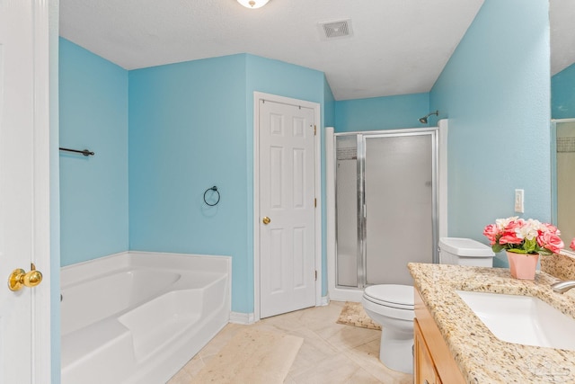 full bathroom featuring tile patterned flooring, a textured ceiling, toilet, vanity, and independent shower and bath