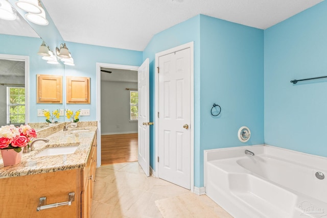 bathroom featuring a washtub, hardwood / wood-style flooring, and double sink vanity