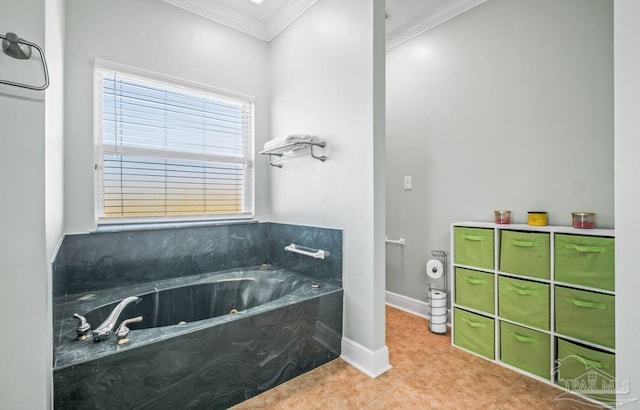 bathroom featuring a bathtub and ornamental molding