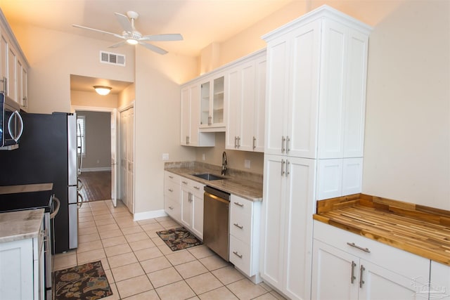 kitchen with stainless steel appliances, white cabinetry, and sink