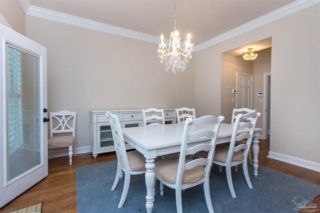 dining room featuring an inviting chandelier, crown molding, and dark wood-type flooring