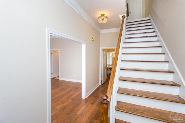 staircase with crown molding and wood-type flooring