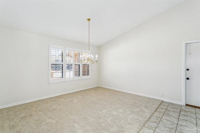 unfurnished dining area with light tile patterned floors, baseboards, vaulted ceiling, light colored carpet, and a chandelier