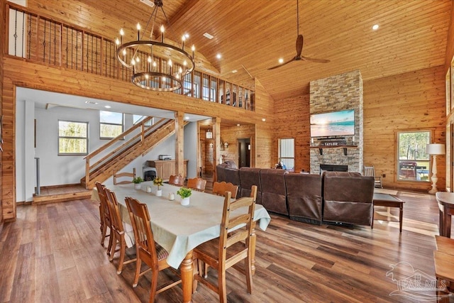 3351 Velor Rd, Mcdavid, FL 32568 - dining room with high vaulted ceiling, wood finished floors, wooden ceiling, and wood walls
