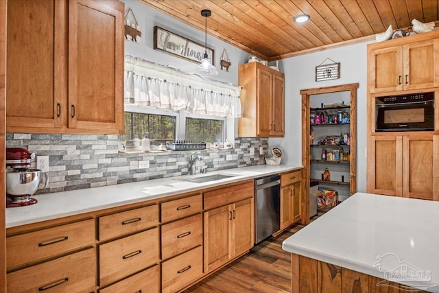 3351 Velor Rd, Mcdavid, FL 32568 - kitchen featuring stainless steel dishwasher, light countertops, wooden ceiling, and black oven