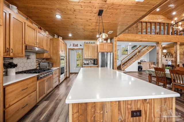 3351 Velor Rd, Mcdavid, FL 32568 - kitchen with wooden ceiling, stainless steel appliances, under cabinet range hood, decorative backsplash, and dark wood-style floors
