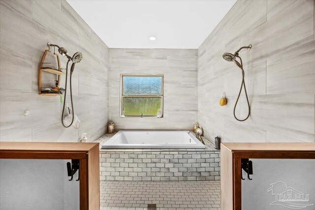 3351 Velor Rd, Mcdavid, FL 32568 - bathroom with tiled bath, tiled shower, and tile walls