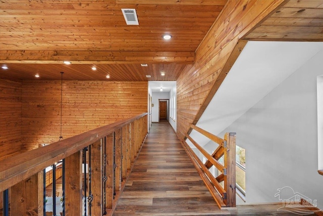 3351 Velor Rd, Mcdavid, FL 32568 - hallway featuring wood ceiling, wood finished floors, wood walls, visible vents, and recessed lighting