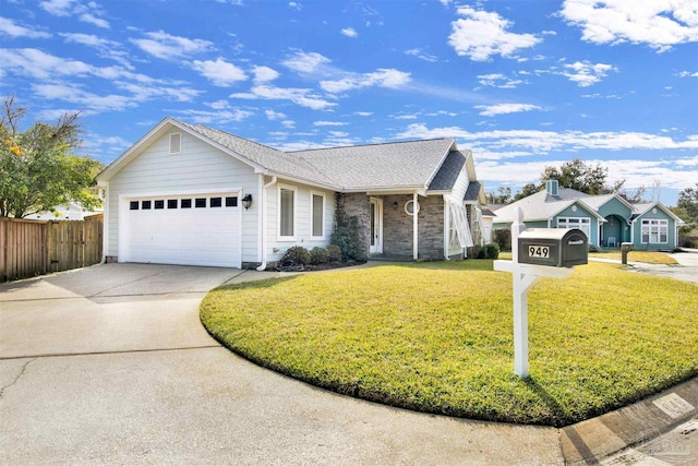 ranch-style house with a garage and a front yard