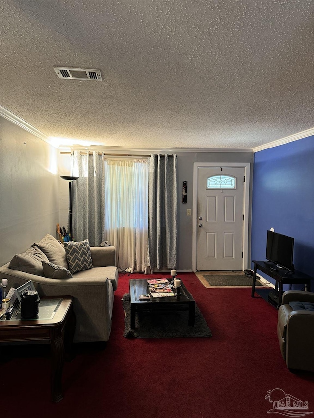 carpeted living room featuring a textured ceiling and ornamental molding