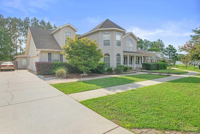 view of front facade featuring a garage, a front yard, and covered porch