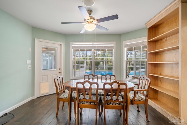 dining space with ceiling fan, a healthy amount of sunlight, and dark hardwood / wood-style floors